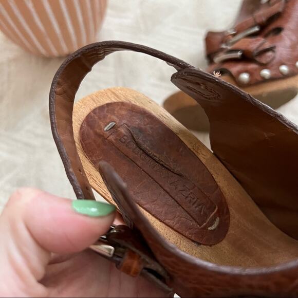 BCBGMaxazria Brown Leather Buckle Strap Wooden Platform Sandals - Picture 4 of 11